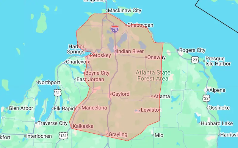 A map of Northern Michigan showing the Alpine Propane service area, which covers from Grayling to Mackinaw City, excluding some portions of the west and east side of the state. The service area ends of the west at M-131, and on the east it ends roughly in-line with the southern portion of M-33.